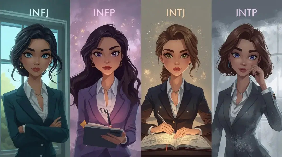 photorealistic illustration of four rare MBTI types — INFJ, INFP, INTJ, INTP — as elegant women and men in professional office attire, color-coded by personality, with subtle props reflecting their traits, cinematic lighting, and realistic proportions.