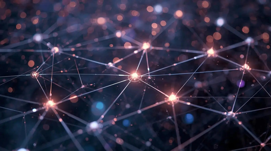 interconnected web of glowing nodes representing science, art, music, philosophy, spirituality, and nature, symbolising polymath intelligence, curiosity, and holistic mind-body-spirit integration