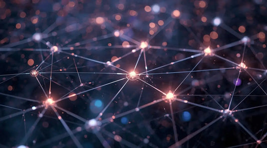 interconnected web of glowing nodes representing science, art, music, philosophy, spirituality, and nature, symbolising polymath intelligence, curiosity, and holistic mind-body-spirit integration