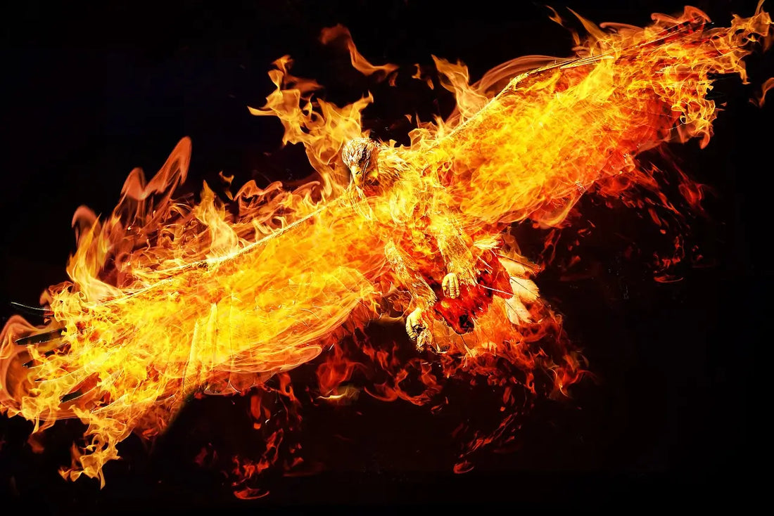 Phoenix rising from ashes, symbolizing rebirth, renewal, and transformation after collapse