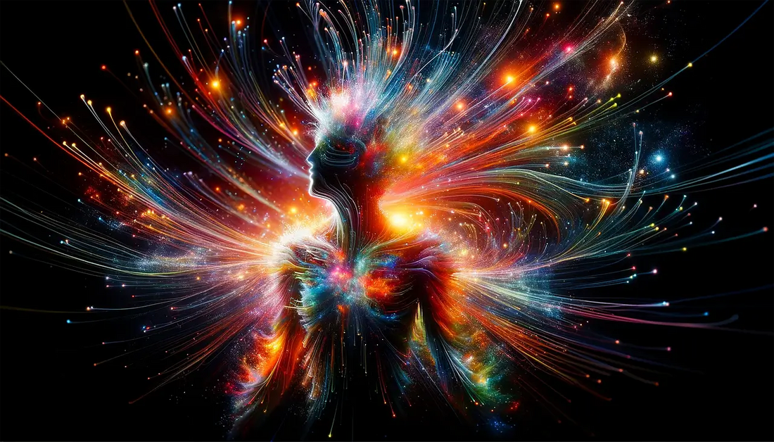 Energy and aura colours vibrating from AI human figure