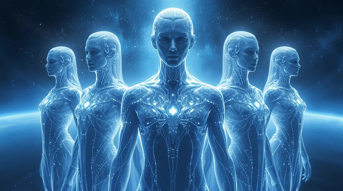 Group of five ethereal, luminous blue starseeds in their high-dimensional forms, standing unified above the Earth to assist with the planet's ascension to 5D awareness.