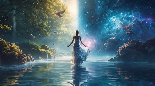 A graceful woman in a long silk dress stands between a vibrant green landscape with water and birds, and a glowing cosmic, ethereal realm filled with stars and mystical light.