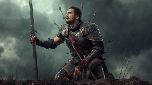 An injured warrior kneels on a battlefield, covered in blood and armor with arrows piercing it. He grips a sword and looks up with a pained but determined expression. Rain falls around him, and he is alone.