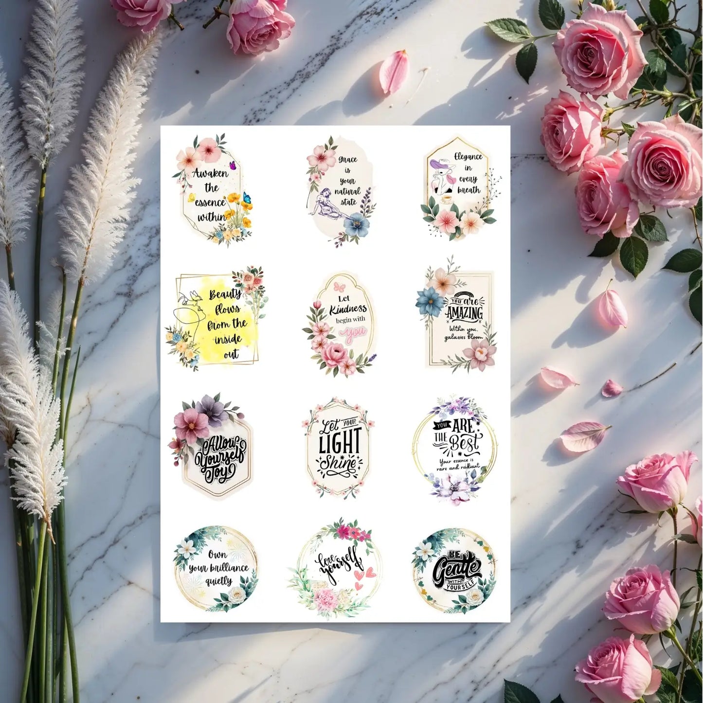 Inner Essence & Self-Love Stickers – 21 Printable Affirmations for Confidence & Radiance