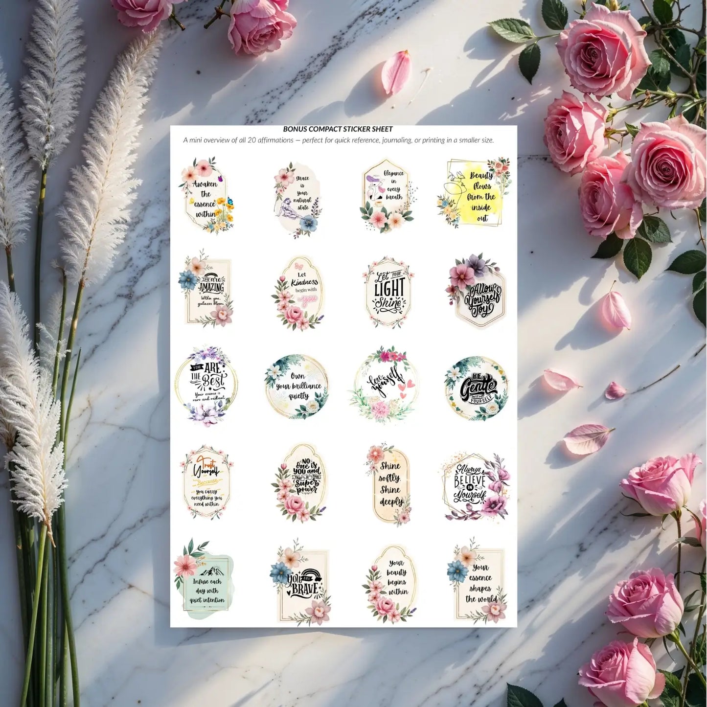 Inner Essence & Self-Love Stickers – 21 Printable Affirmations for Confidence & Radiance
