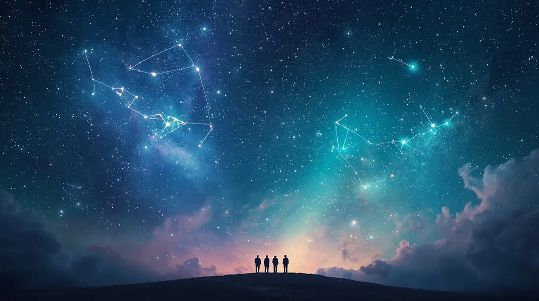 Pisces and Aquarius star symbols in the cosmic sky, representing the transition from the Age of Pisces to the Age of Aquarius.