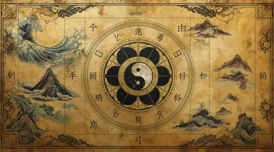 A Taoist-style Bagua map with symbolic representations of the Five Elements: flowing waves for Water, shimmering circles for Metal, golden squares for Earth, emerald plants for Wood, and red flames for Fire.