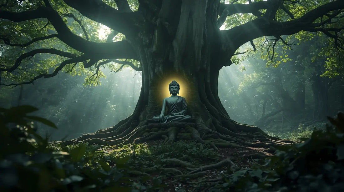 A mystical painting of the Buddha meditating under a huge, dark, ancient tree with strong rays of light cutting through the forest gloom.