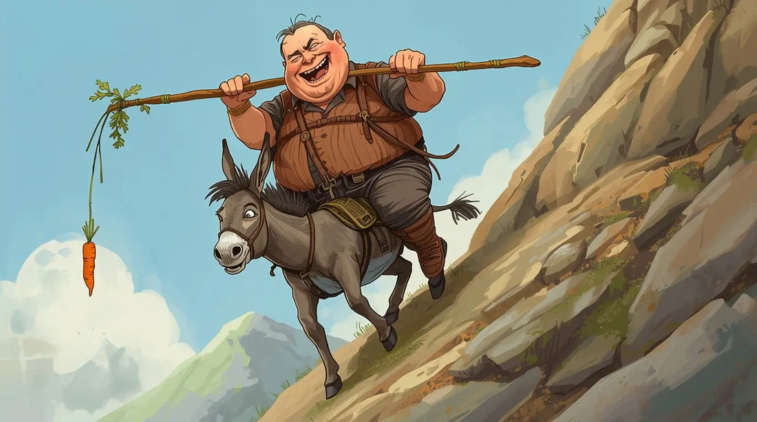 Digital illustration of a comical fat man in full clothes riding a small donkey up a steep mountain path, holding a long stick with a carrot dangling in front of the donkey’s head, showing the donkey straining and the man gleeful.