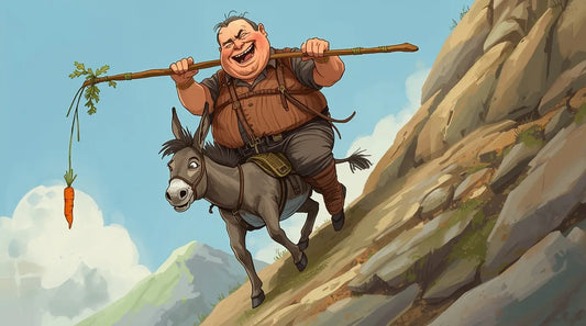 Digital illustration of a comical fat man in full clothes riding a small donkey up a steep mountain path, holding a long stick with a carrot dangling in front of the donkey’s head, showing the donkey straining and the man gleeful.
