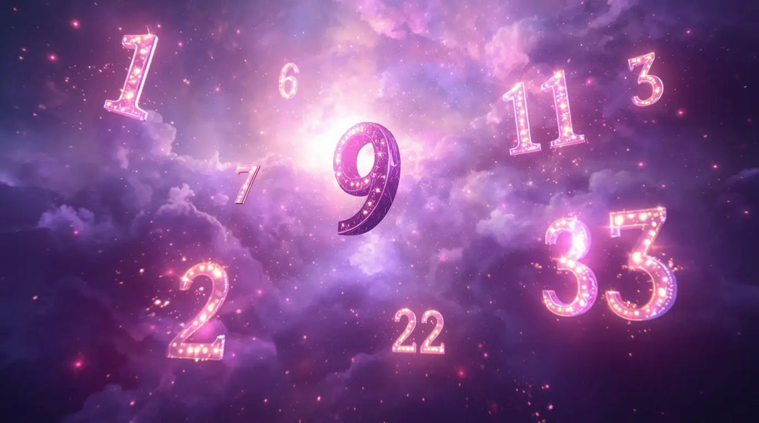 Floating numbers glowing with magical energy against a cosmic purple background with sparkles and stardus