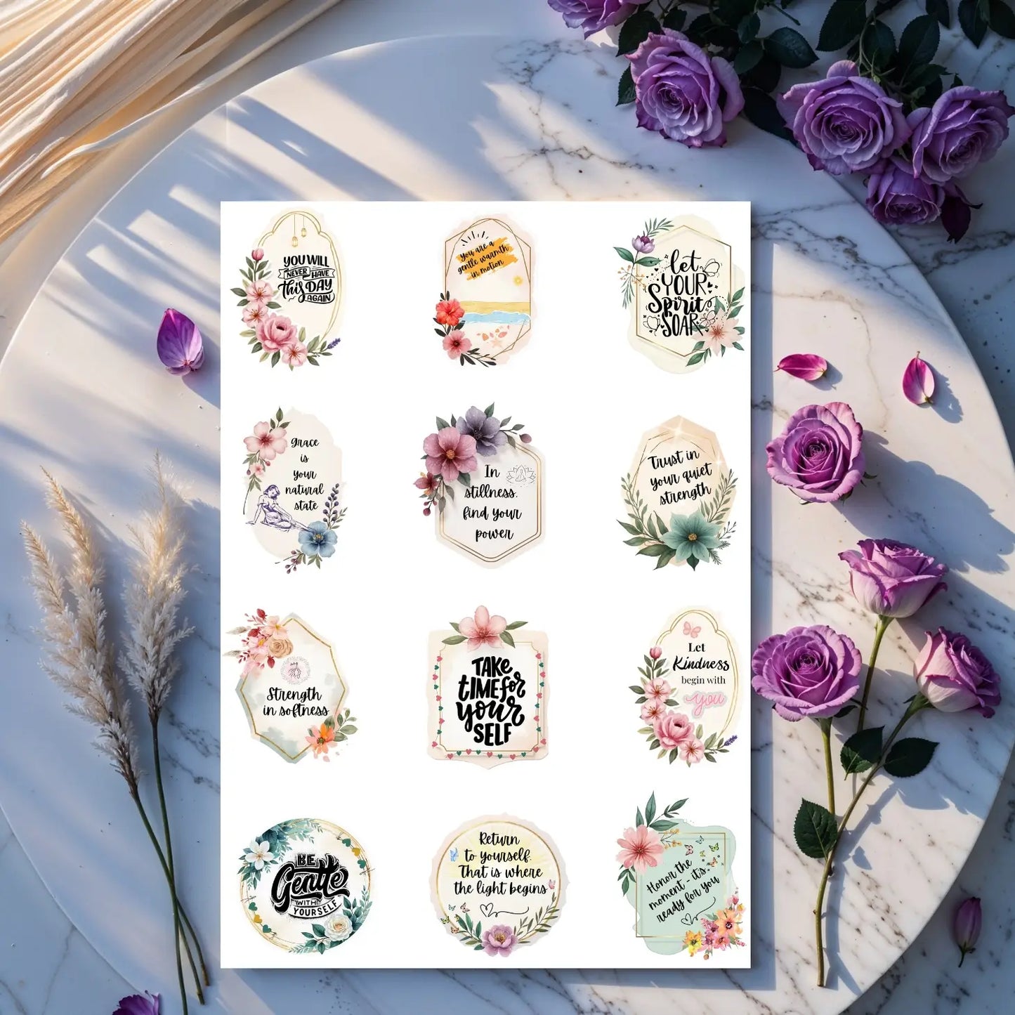 Mindfulness & Peace Printable Stickers – 24 Affirmations for Inner Calm