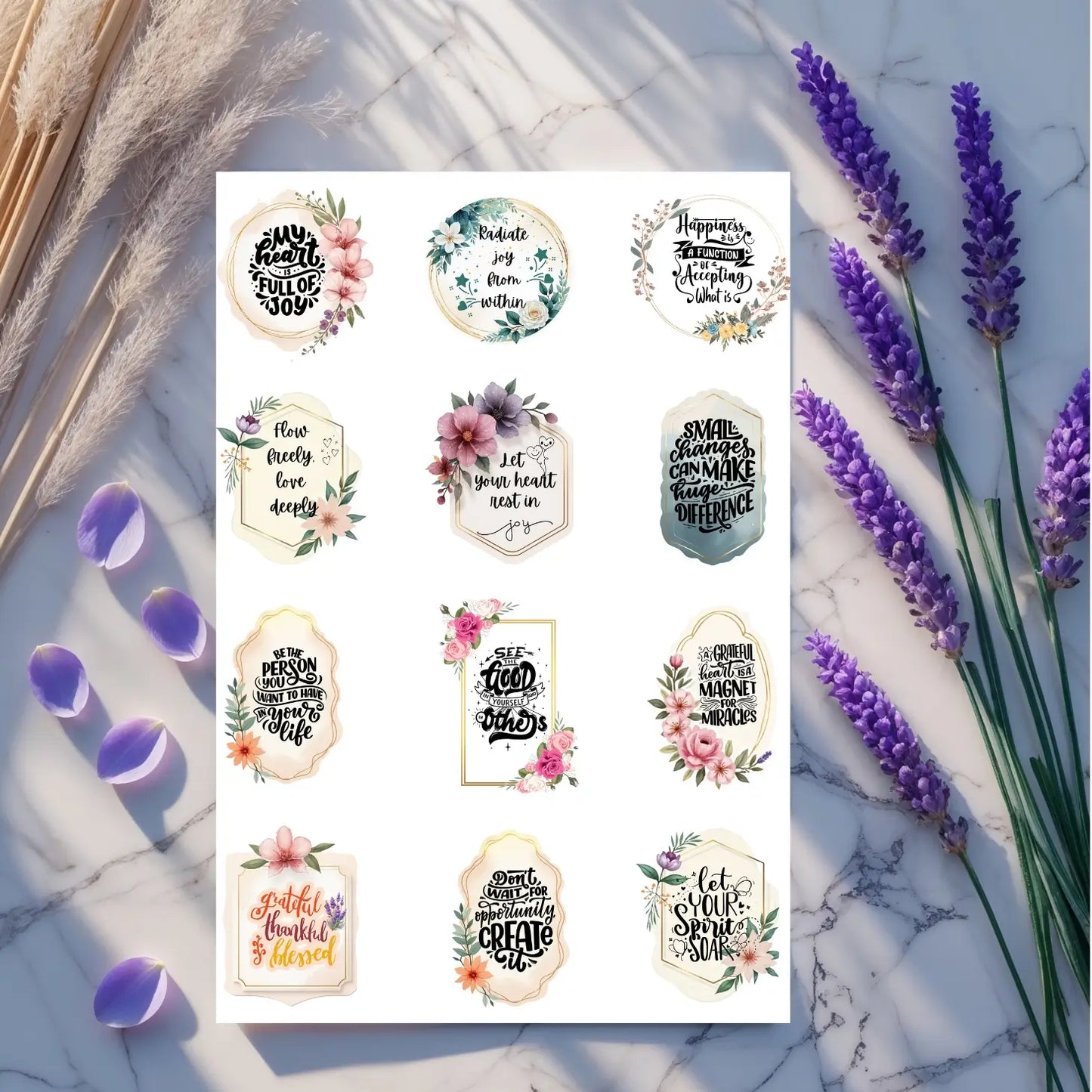 Positivity & Joy Printable Stickers – 24 Affirmations for Happiness & Light